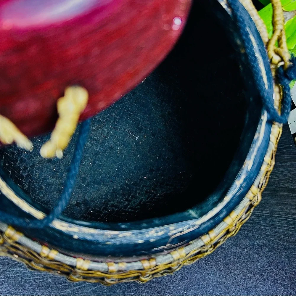 Large 18” Burmese‎ Lacquer Rice Basket, Lidded Bamboo Vessel Vintage Collectible